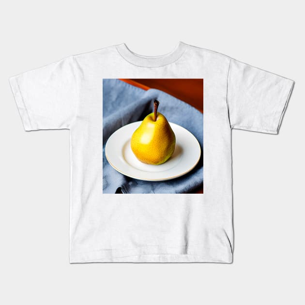 Ripe fruit pear on white dinnerware plate Kids T-Shirt by Marccelus